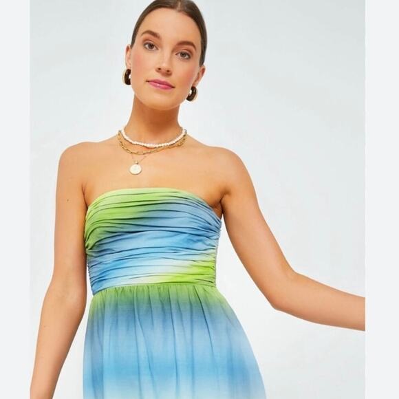 Tuckernuck Kaia Dress Chartreuse and Sky Blue Green Ombre Strapless Midi size XS - Picture 4 of 13